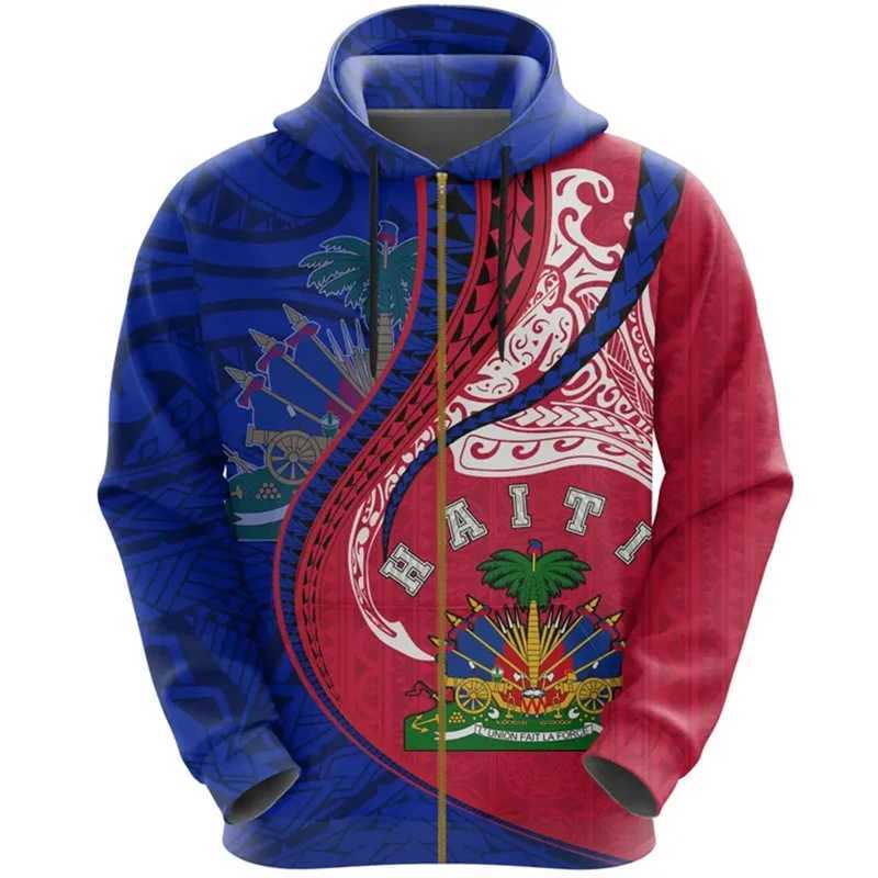 New Fashion Sports Haitian Flag Pattern Zip Up Hoodies Caribbean Sea Haiti Emblem 3D Print Long SLeeve Pullovers X250227