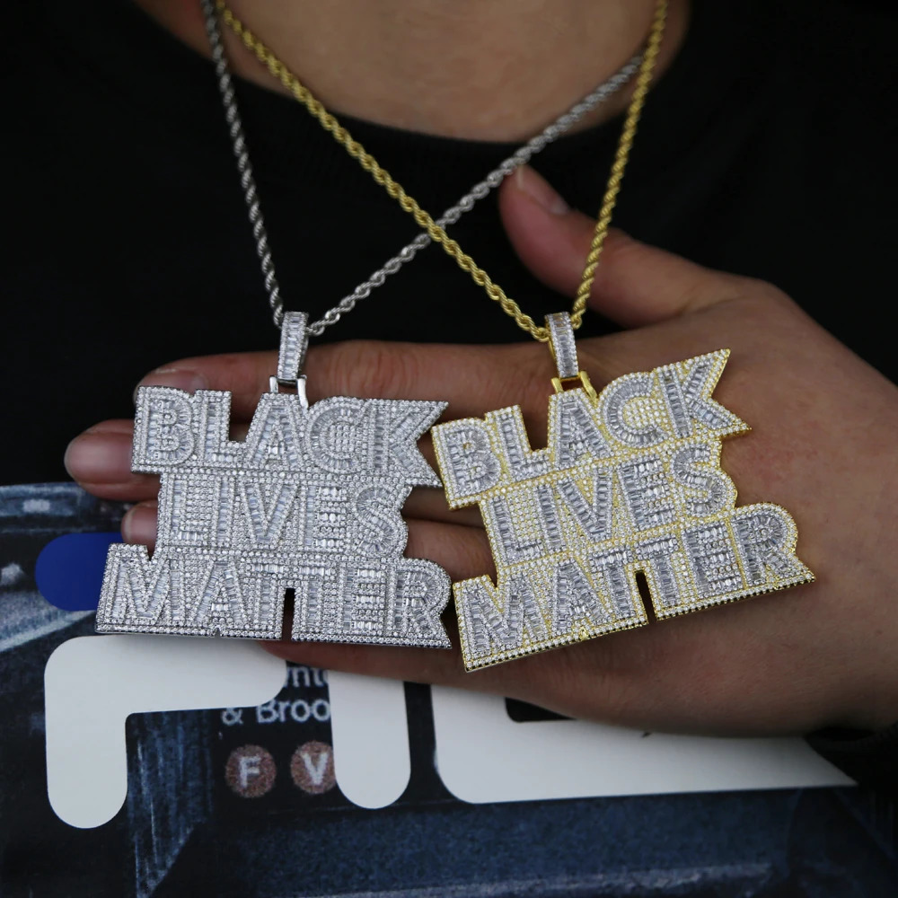 Iced Out Bling CZ Letter Black Lives Matter Pendant Necklace Two Tone Collor Cubic Zirconia Letters Charm Men Hip Hop Jewelry 250227