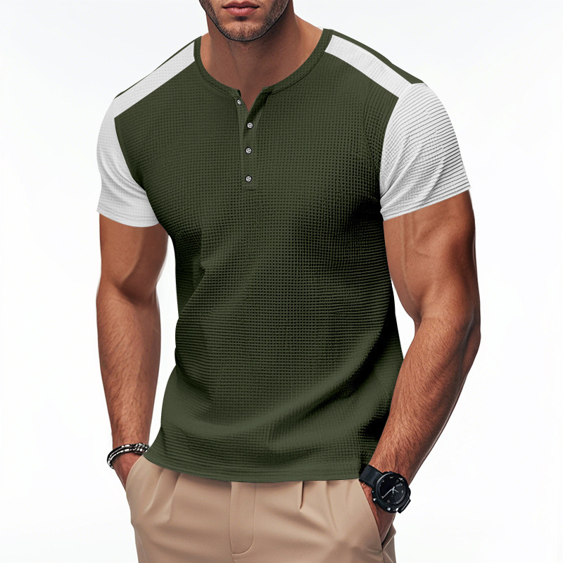 2025 Spring/summer New Large Men's Oversized Waffle Color Blocked T-shirt Henry Shirt