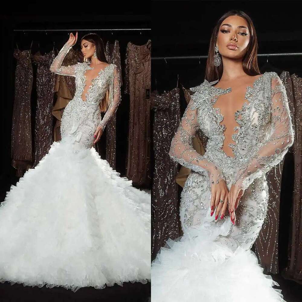 Mermaid Wedding Dresses with Appliques Beads and Crystals, V-neck, Court Dress, Custom Made, Pleated, Tulle, Designer, o