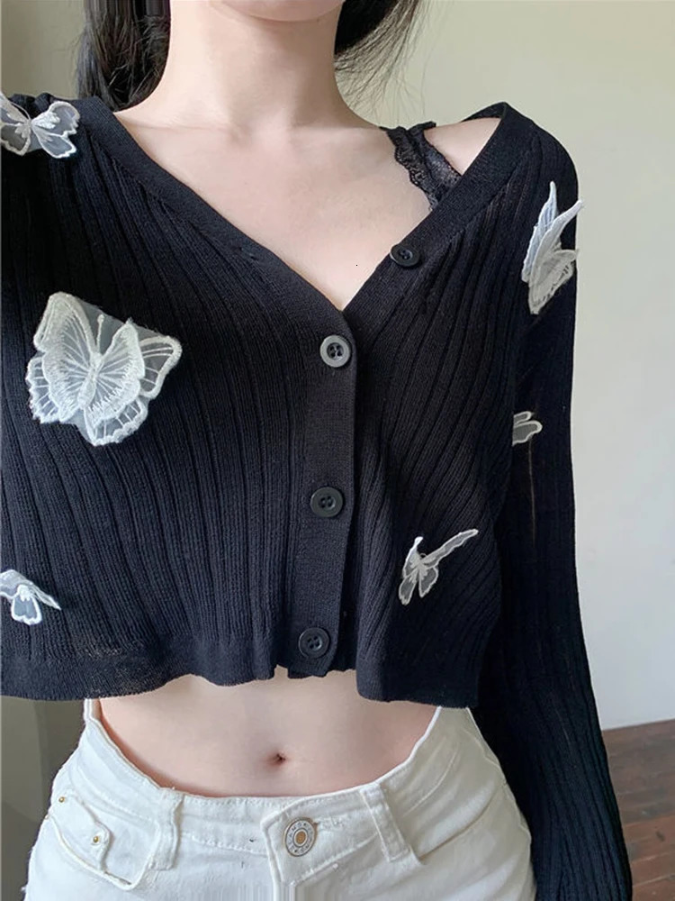Pink butterfly cardigan wool sweater womens summer long sleeved knitted Korean fashion cute ultrathin button Sunscreen crop top 250225