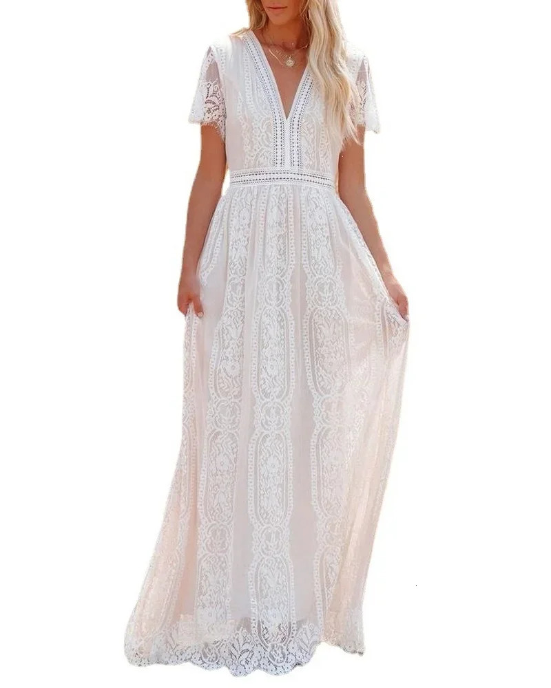 Happie Queens Fashion Women Deep V-neck Lace Hollow Out Bohemian Maxi Dress Vintage Lady White Boho Dresses 250222