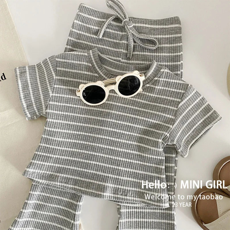 Summer Girls Fashion Striped Sets Childrens Short-Sleeved Round Neck Top Trousers Suit Baby Casual Two-Piece Baby Clothing 2-8Y 250227