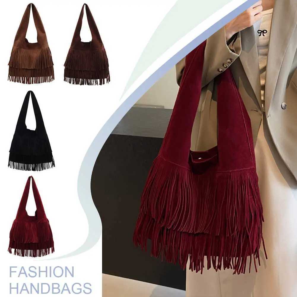 Women Frosted Tassel Shoulder Bag Faux Suede Fringe Underarm Bag Large Capacity Travel Tote Handbag Female Shopping BagXJ250227