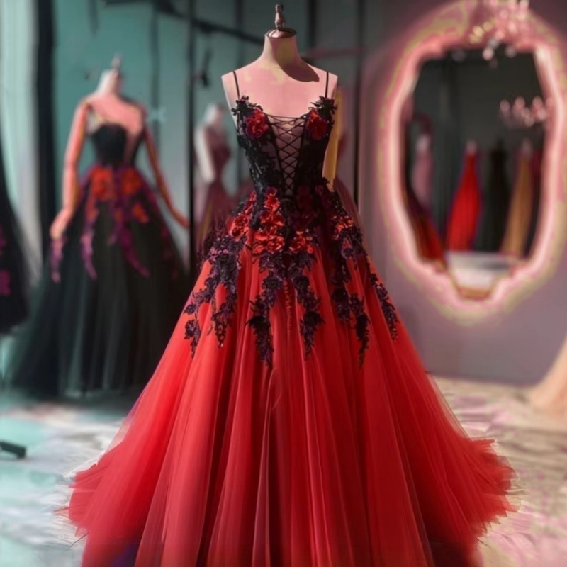 Vintage Red And Black A-Line Wedding Dresses Spaghetti A-Line Floor Length Tulle Gothic Bridal Gown Hand Made Flowers Lace Appliques Corset Vestido De