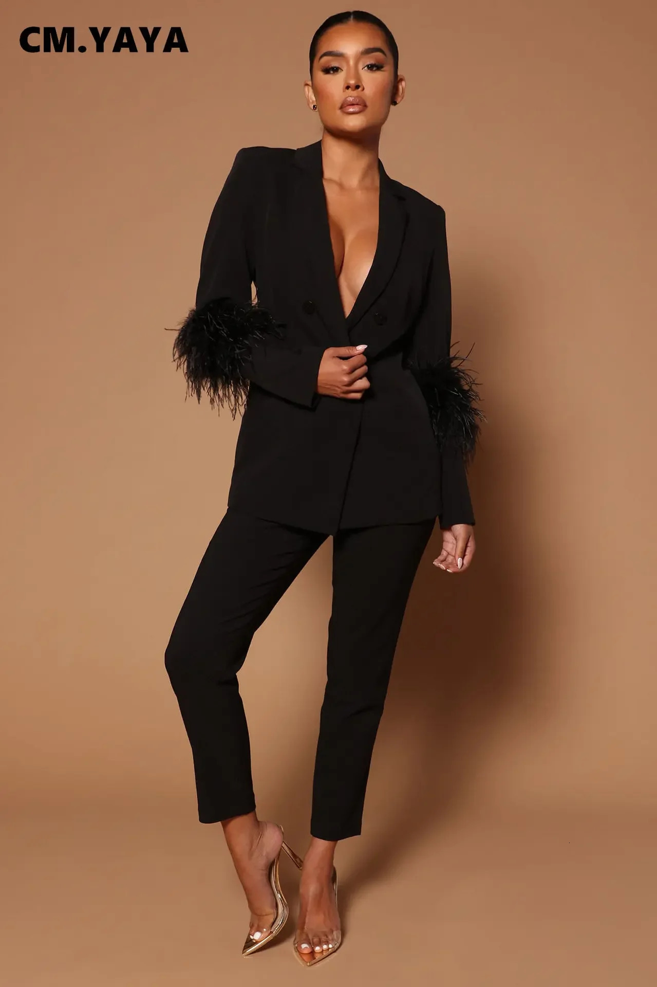 CM.YAYA Vintage Women Fur Hem Long Sleeve Blazer Suit and Pants Chic OL Fashion Two 2 Piece Set Outfits Basic Tracksuit 250226