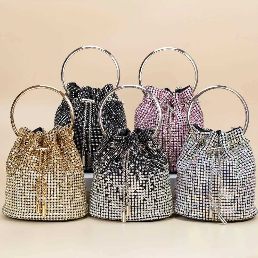 New Arrival Rhinestone/Sequin Bucket Bag with Jewelry Set Women Silver Bling Evening Handbag Glitter Diamond Cell Phone Purse T250227