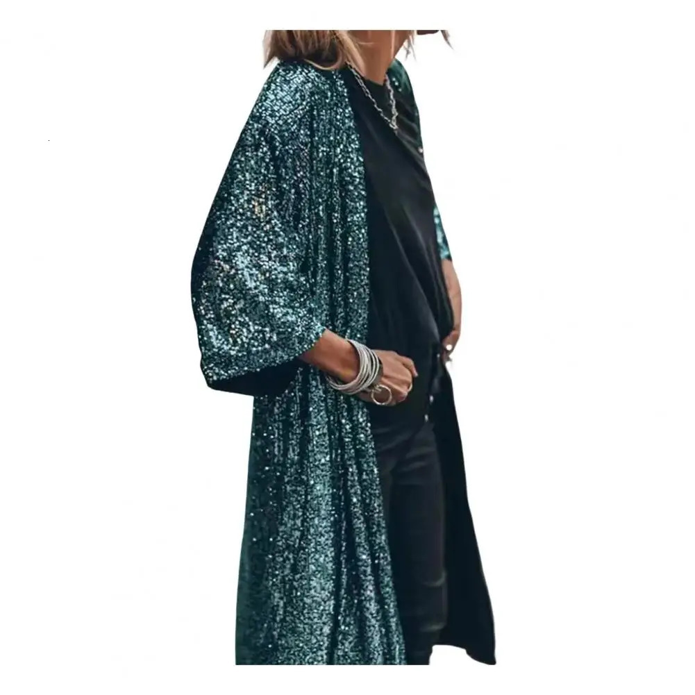Fashionable cardigan wool sweater skin touch dress solid color womens shiny sequin medium length jacket 250227