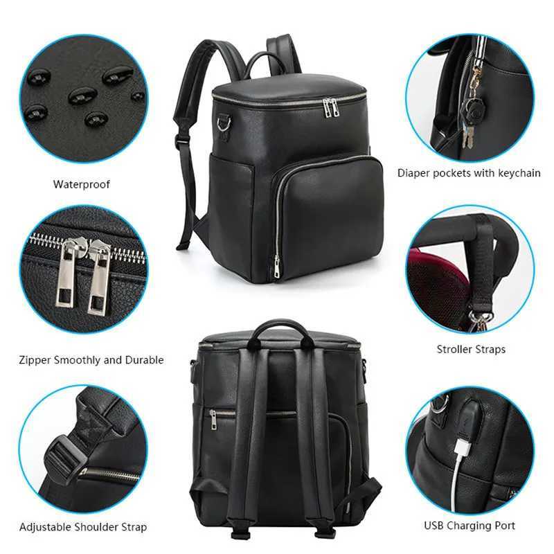 Diaper Bags PU Leather Diaper Bag Backpack Large Capacity Travel Carry Bag Maternity Bag Stroller Organizer Nappy Changing Bags Diaper pad Y250227Y9G7
