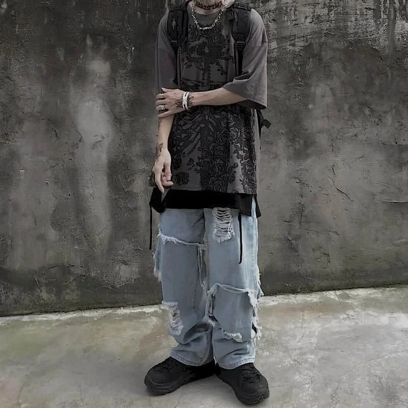 Men T-shirts Summer Streetwear High Street Gothic Skull Tshirt Loose Oversized Short-sleeved T shirt Dark Anime Men Y2k Top 250226