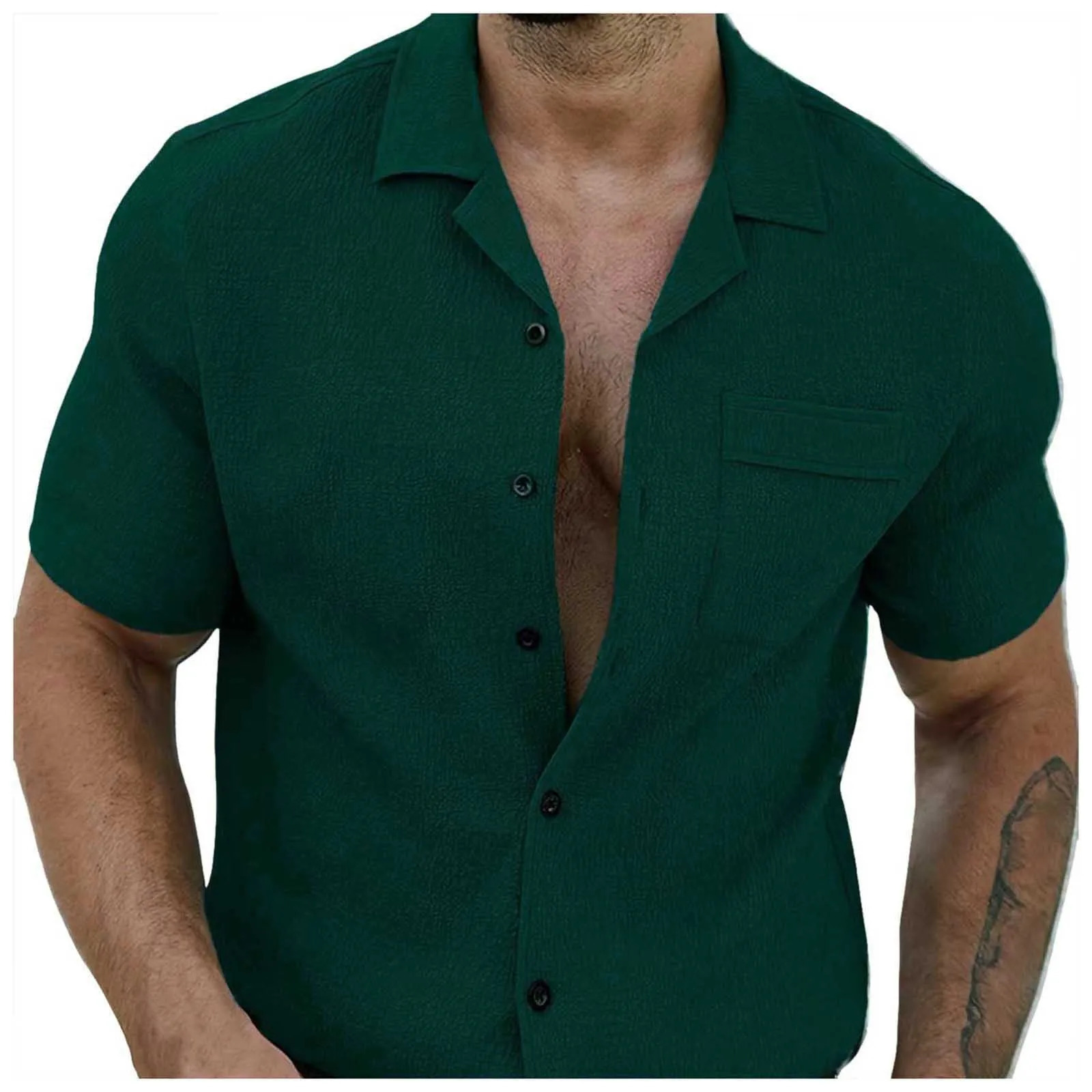 Mens Casual Short Sleeve Shirt Streetwear Lapel Button Down Shirts For Men Vintage Shirt Solid Vacation Blouse Mens Clothing 250222