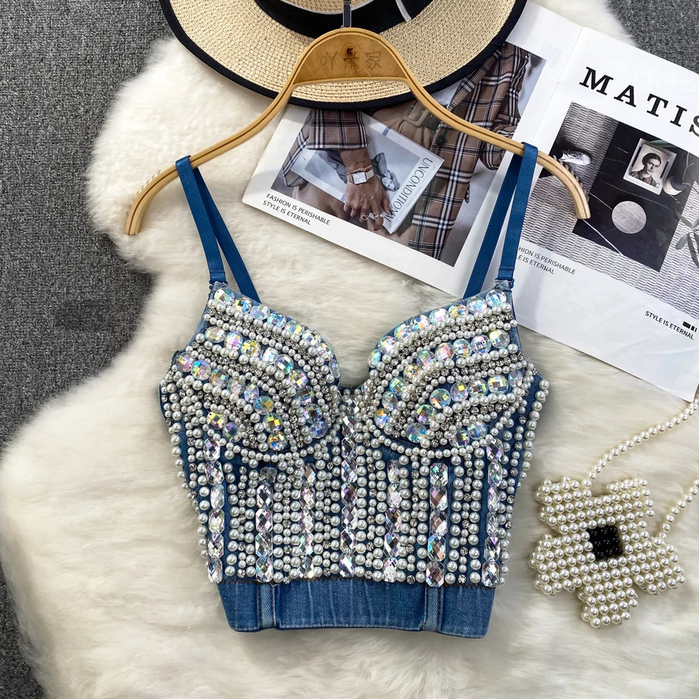 Womens Summer Denim Camisole Corset Top Build In Bra Crystal Diamonds Pearl y Jeans Tops High Street Club Party Nightwears 250226