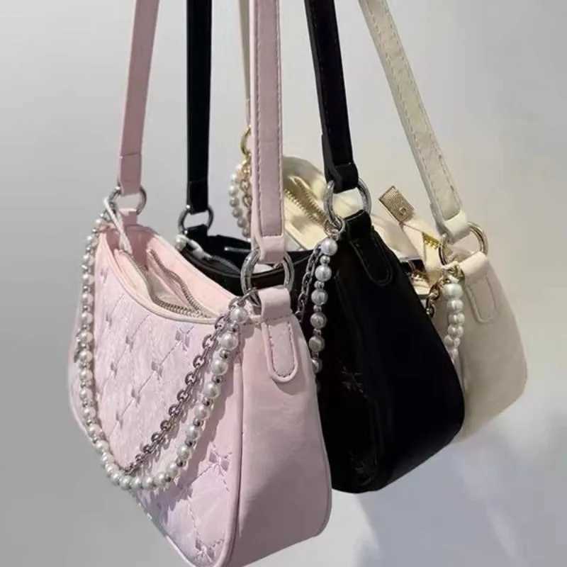 Pink Womens Shoulder Bag Elegant Cute Bow Pearl Chains Bow Embroidery Handbag Casual Leather Korean Female HandbagXJ250227