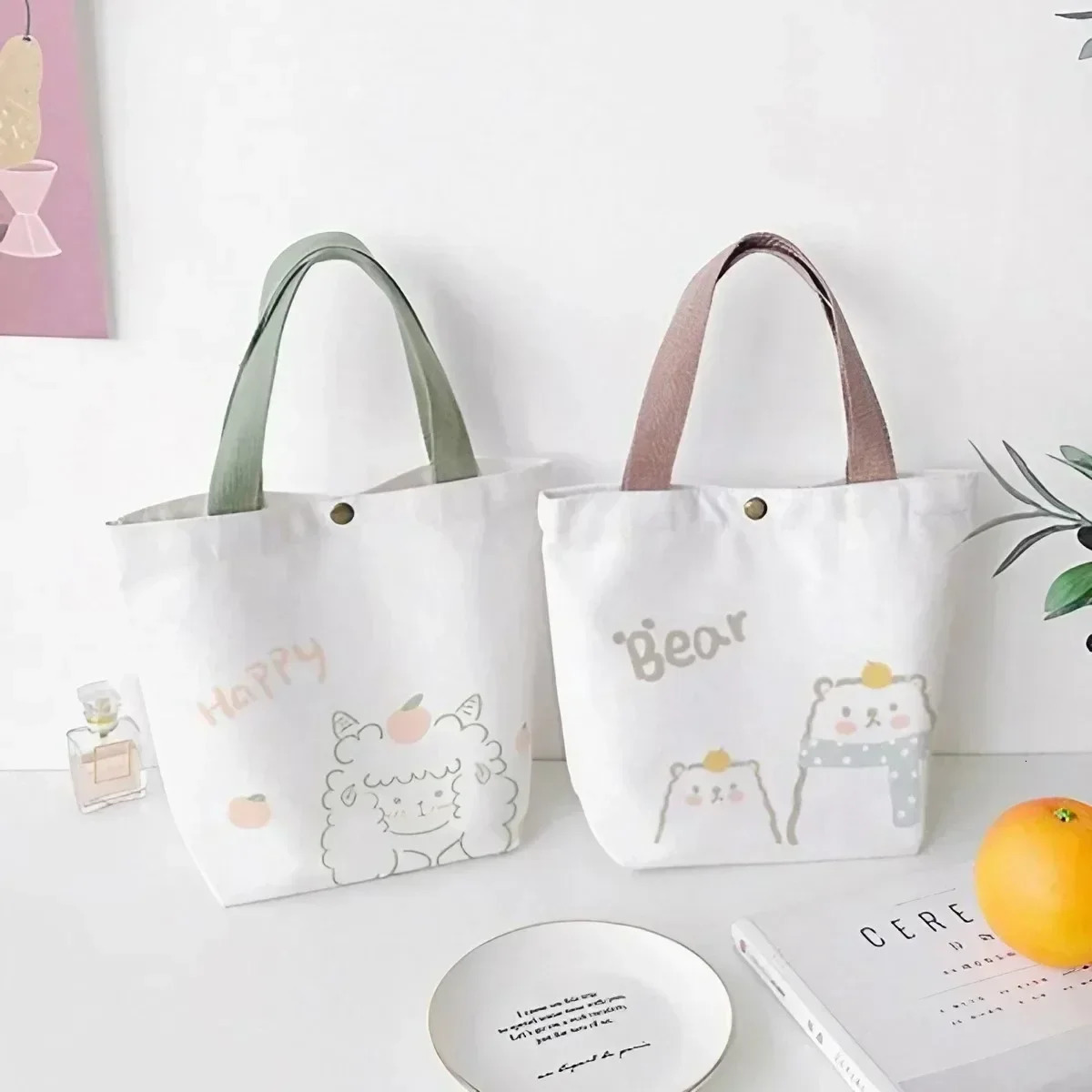 Ship from US KISIMIS Womens Mini Cotton Canvas Handbag Cute Bear Simple Shopping Bag Decorative Wallet Lunch 250227FBB