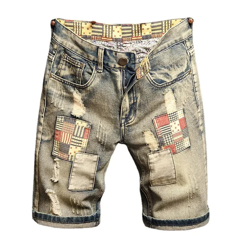 Summer Jeans Shorts Denim Men Wear rippeds Outside Loose Straight Leg Five Quarter Pants Beggar American Cowboy 250226