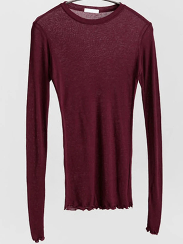 High Quality Plain T Shirt Women Cotton Elastic Basic Tshirts Female Casual Tops Long Sleeve Sexy Thin Tshirt see through 250226