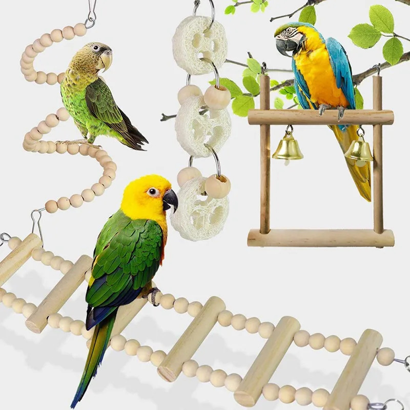 8PCS Set Combination Parrot Bird Toys Wood Articles Bite Pet Bird Toys For Parrot Training Bird Toy Swing Ball Bell Standing 250226