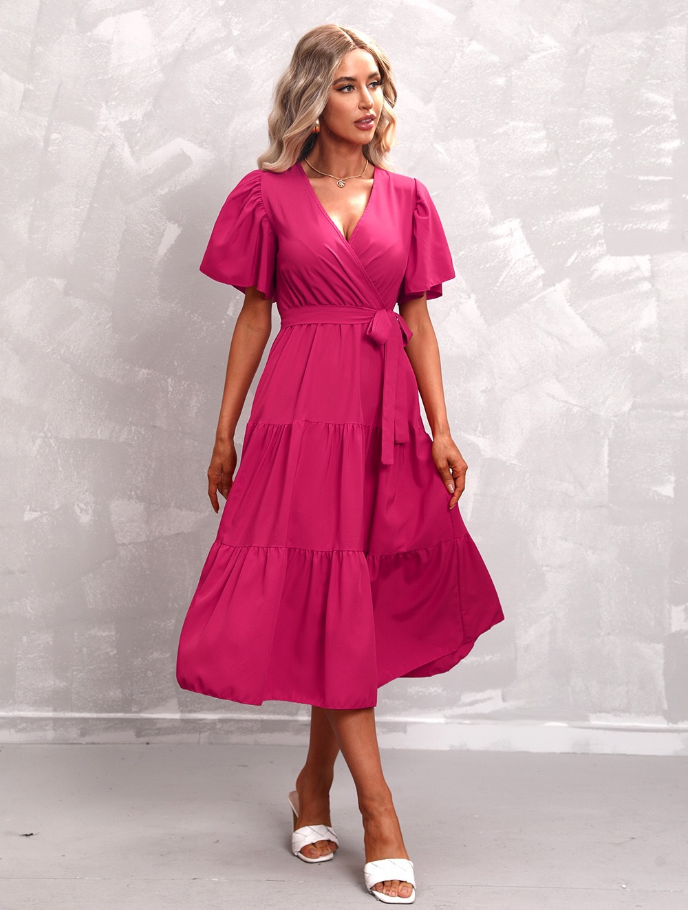 K8145 Popular skirt high-end women's wear V-neck button-lace long skirt temperament high-end French dress