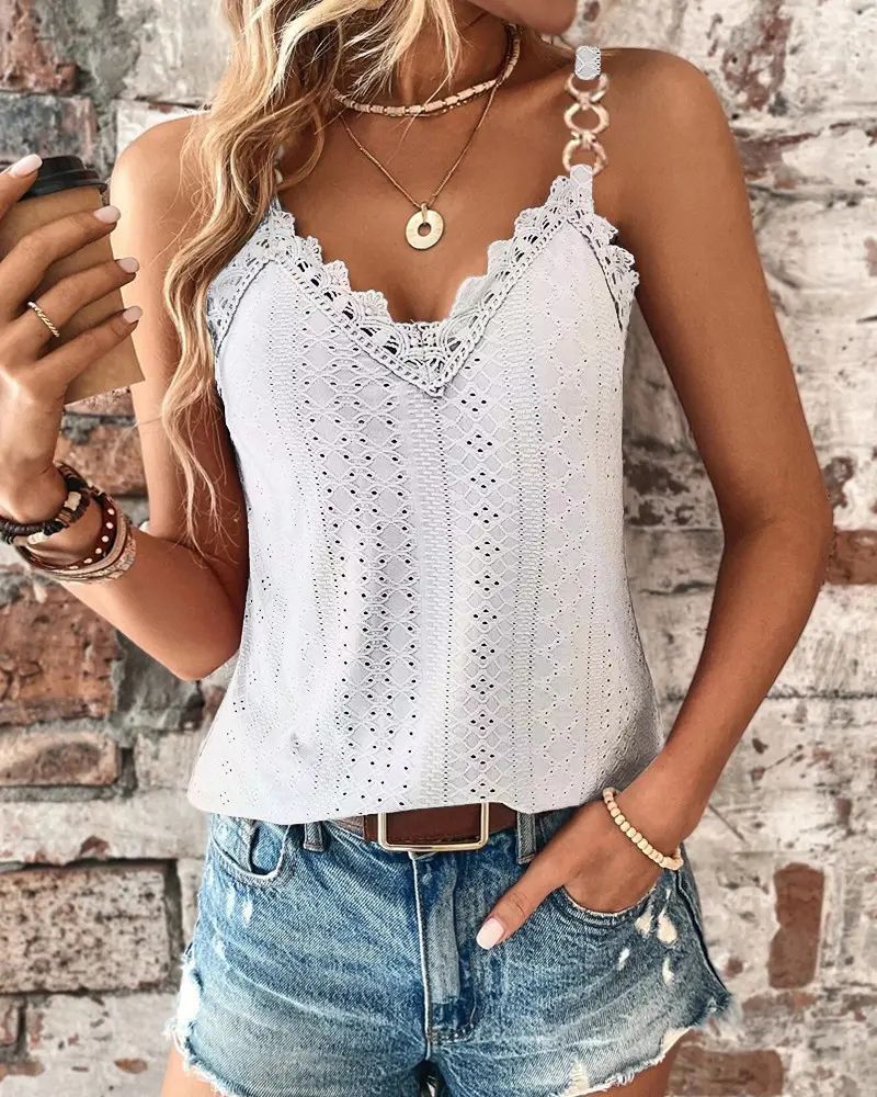 Designer Women's Top 2025 New Solid Color Hollow Lace Strap T-shirt Tank Top