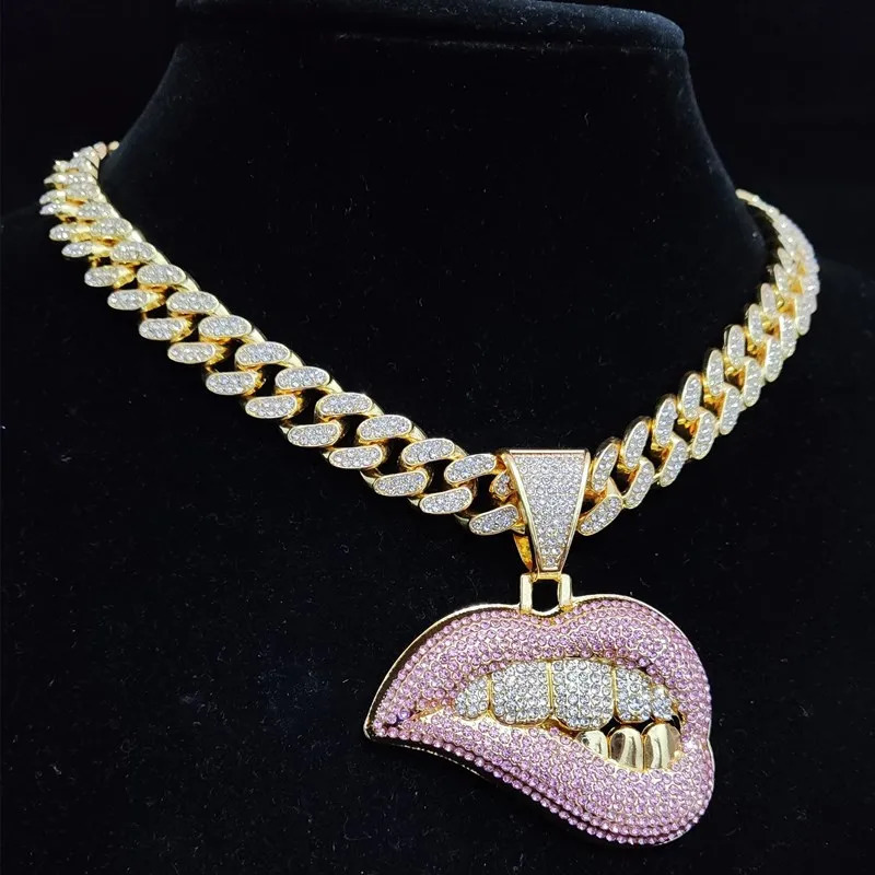 Men Women Hip Hop Bite Lip Shape Pendant Necklace with 13mm Crystal Cuban Chain Iced Out Bling HipHop Necklaces Fashion Jewelry 250227