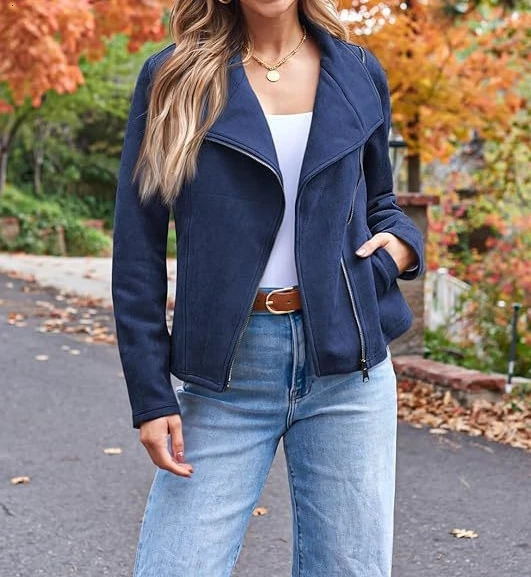 fashion casual jacket womens short with lapel and diagonal zipper 250227