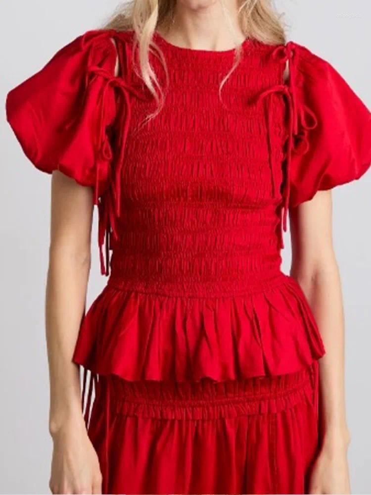 Women's Tanks 2025 Lace-up Sleeve Shirts For Women Fashion Red Round Neck Pleated Hem Pullover Spring Female High Street Tops