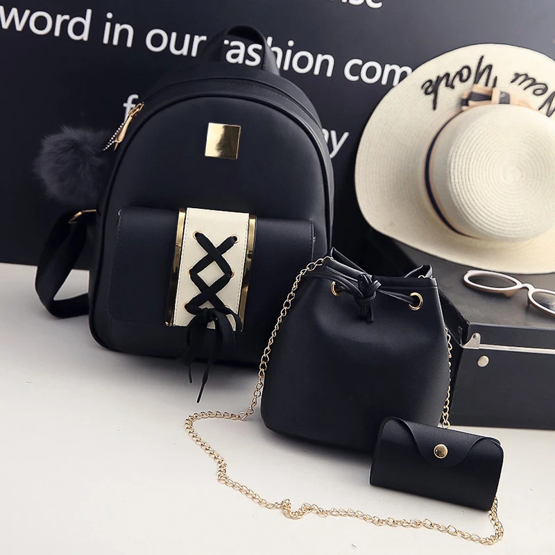Ship from US 3PcsSet Women Backpack Set pu leather female casual backpack bucket bagpurse bags for teenagers girls crossbody 50 250227FBB
