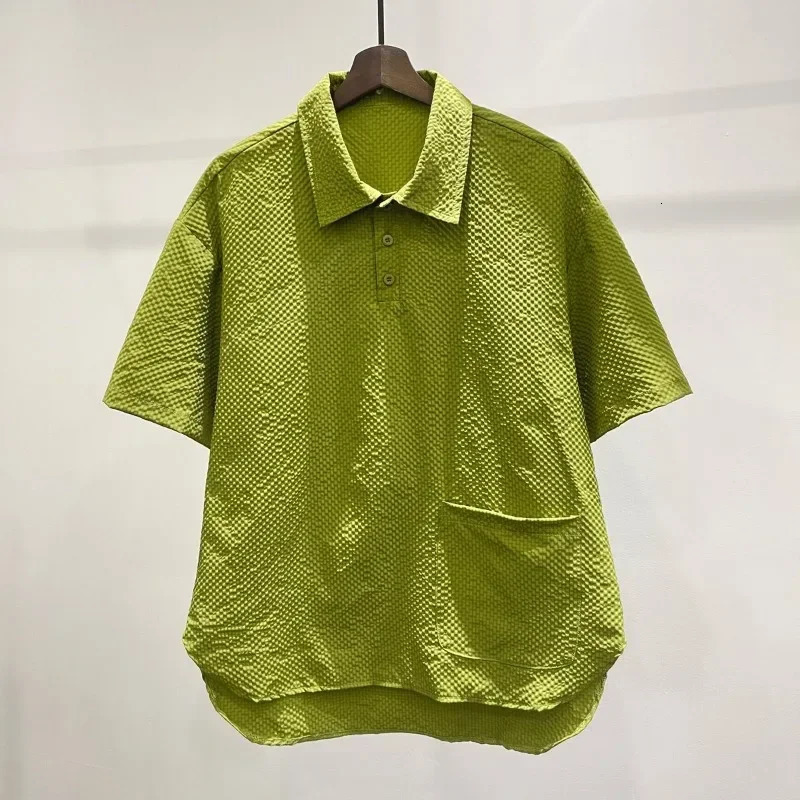 Loose Solid Lattice Short Sleeve T-shirt Men POLO Cool and Breathable Outdoor Tops Summer Green Sweat-absorbing Vintage Tees 250226