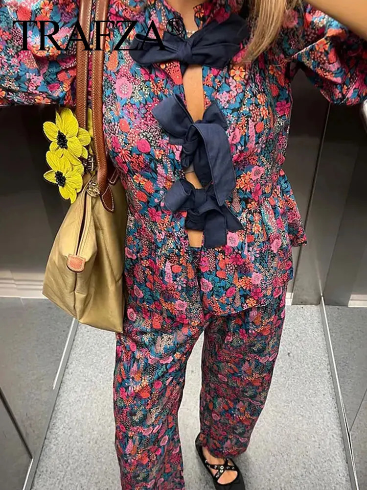 TRAFZA Floral Print Blouse Pant Suit For Women Bow Lace Up O Neck Shirts Casual High Waist Straight Trousers Female Streetwear 250226