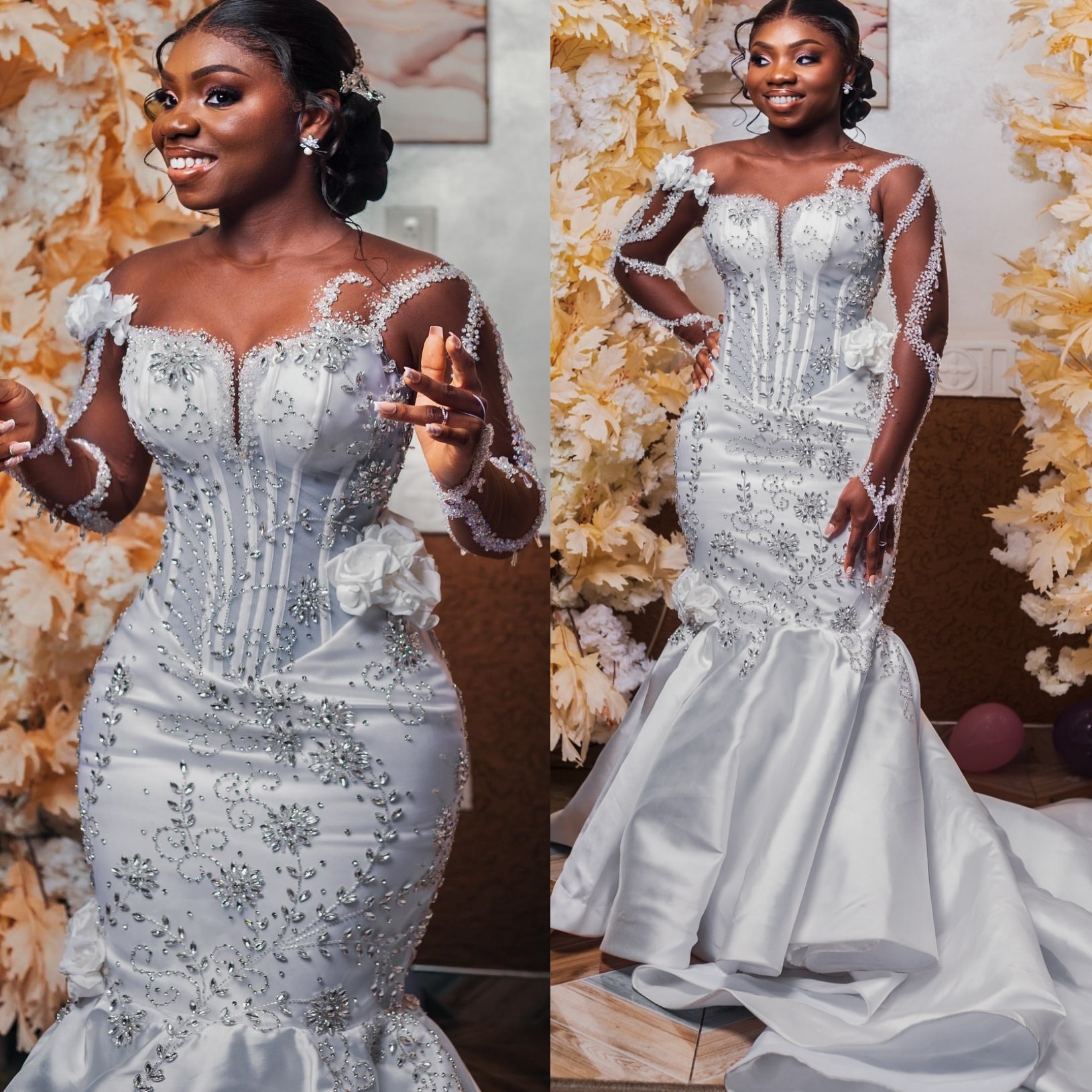 2025 Arabic Aso Ebi White Wedding Dress Beaded Crystals Sheer Neck Full Sleeves Satin Luxuirous Bridal Gowns Dresses ZJ045