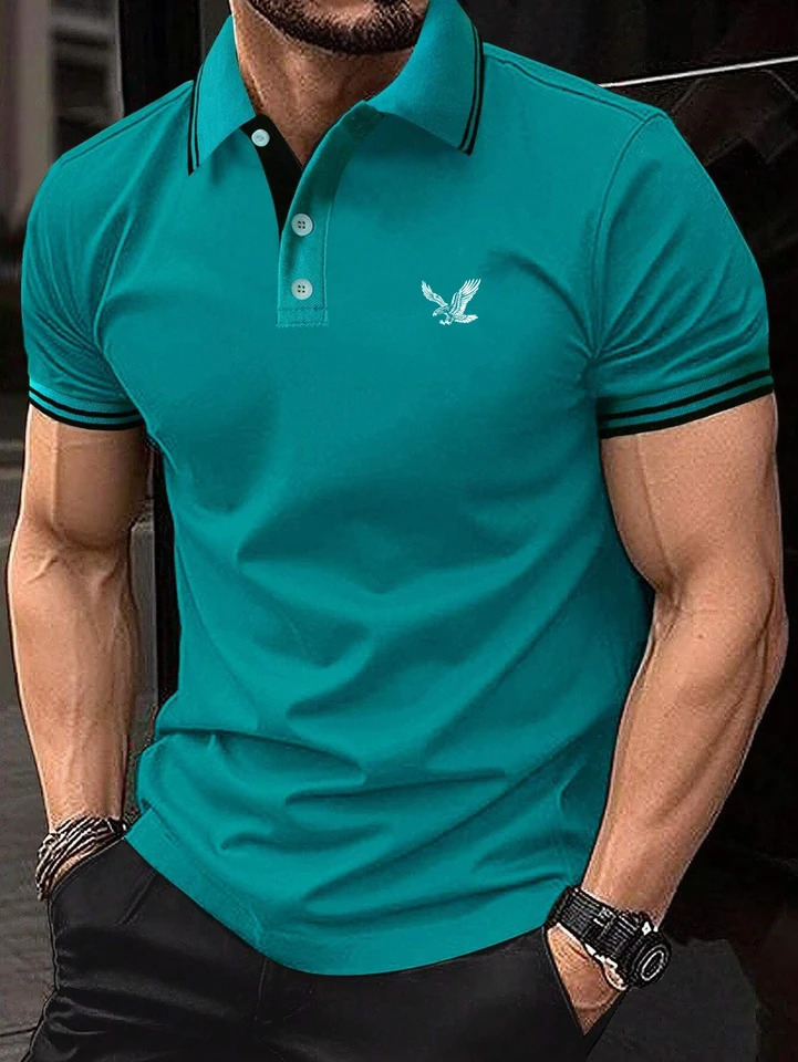 Regular Mens Solid Color Short Sleeved Polo Shirt with Eagle n Summer Product Simple and Casual Mens Top 250227