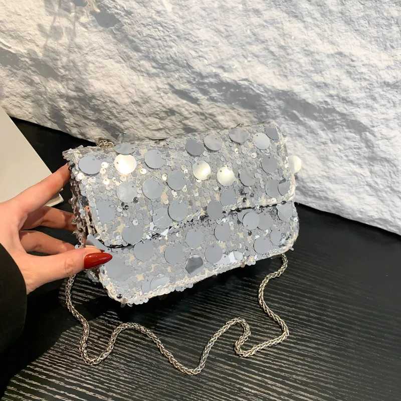 Women Shiny Sequins Shoulder Bags Solid Glossy Square Chain Crossbody Packs Female Versatile Shopping Messenger BagsXJ250227