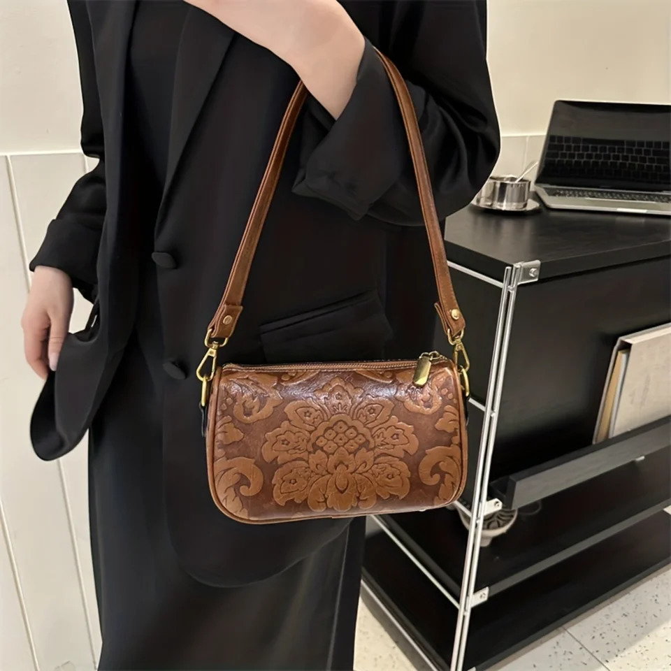Ship from US Retro Flower Embossed Crossbody Bag Fashion PU Leather Boston Womens Ethnic Strap Shoulder Purse w250227FBB