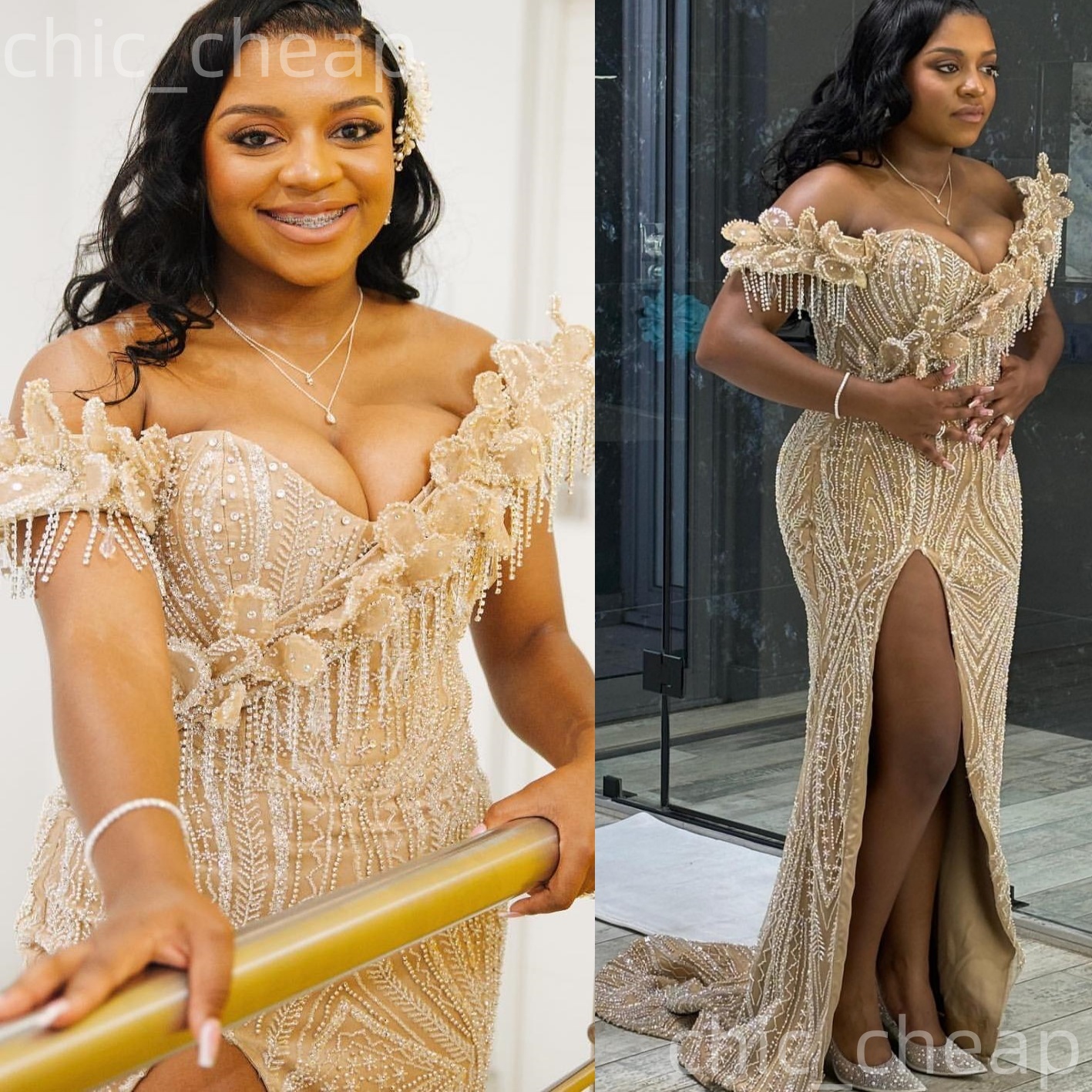 Champagne Mermaid Prom Dresses 2025 Florals Beaded Sequined Illusion Evening Formal Party Second Birthday Engagement Gowns Plus Size Dress For Special