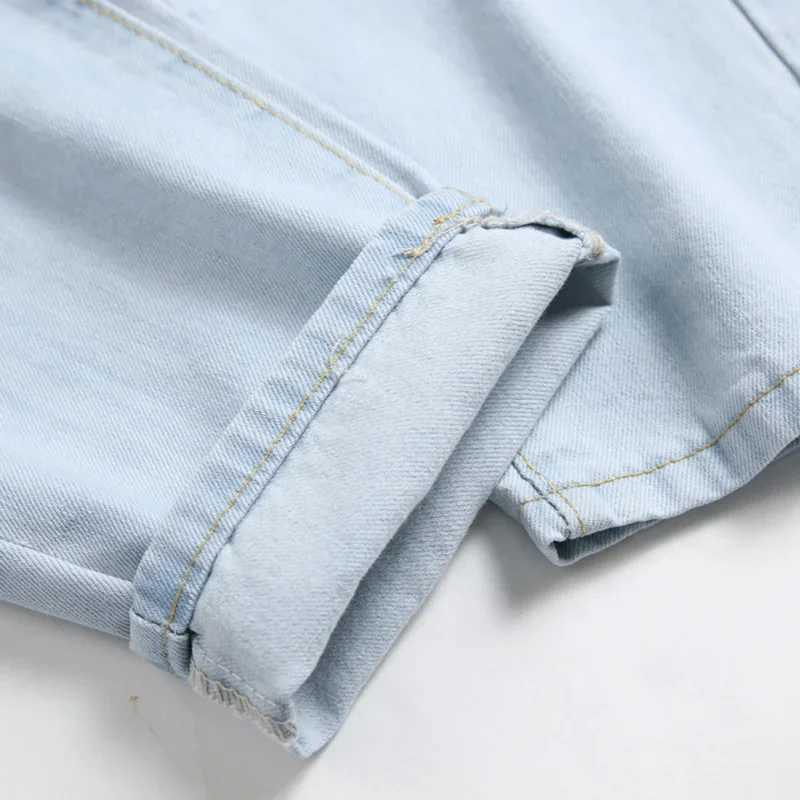 Mens Knee-length Ripped Fashion Jeans Light Blue New Trendy Casual Slim Straight Comfortable Denim Trousers Streetwear Male X250227