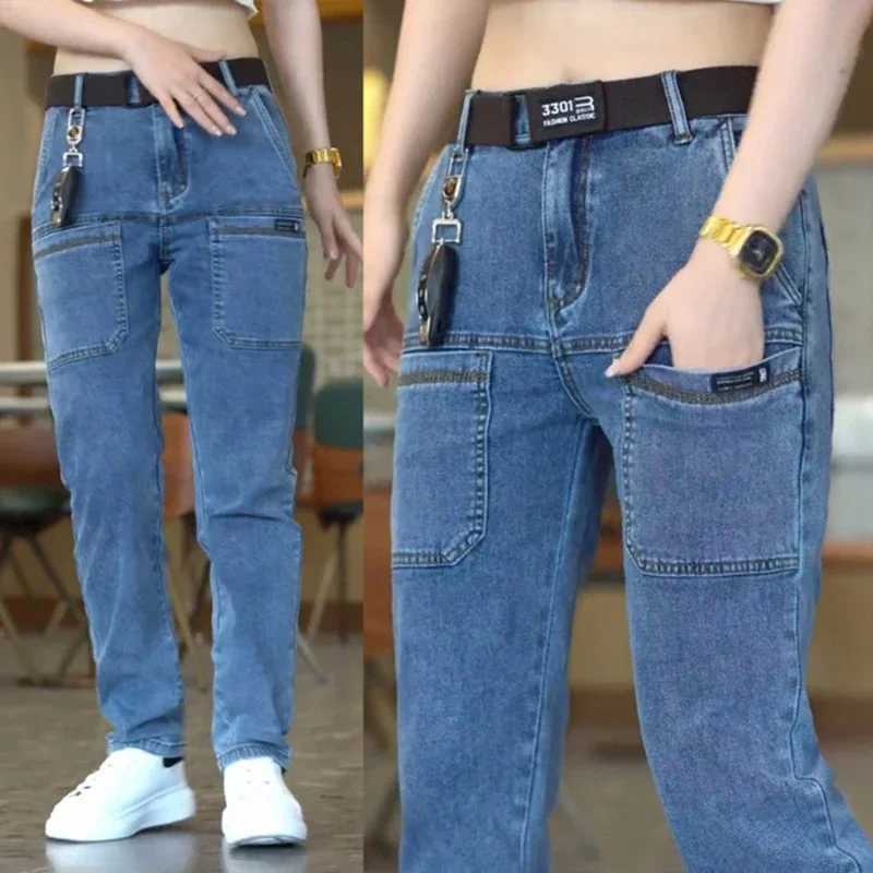 Mens cargo pants ultra-thin elastic jeans with multiple pockets fashionable streetwear designer slim mens denim Trouser brand clothing blue and black 