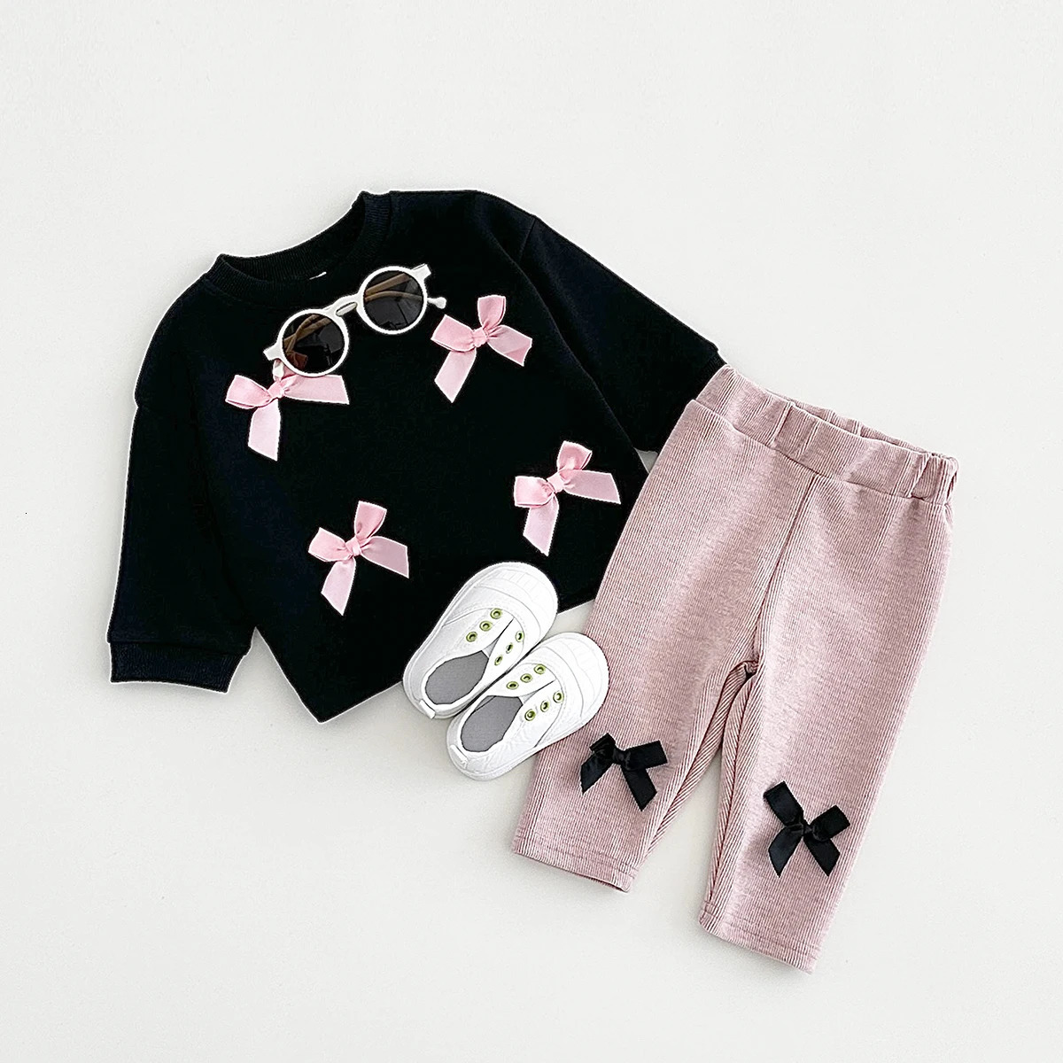Ins Toddler Baby Suit Infant Outfit Baby Girls Spring Autumn Long Sleeved Bow Top PulloverPants born Baby Clothes Sets 0-3Y 250227