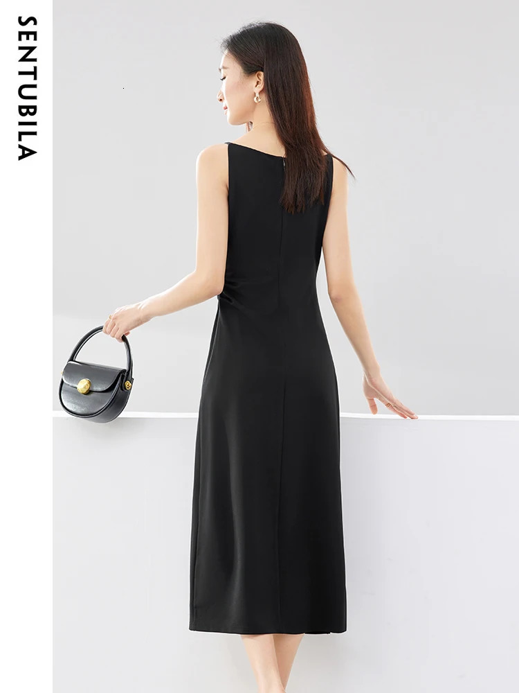 SENTUBILA Simple Party Black Midi Dress Women Spring Autumn Slim Temperament Slash Neck Sleeveless Lady Dresses Q33L52443 250226