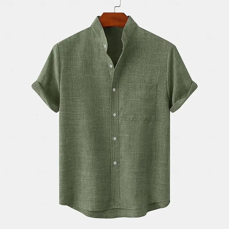 Mens top linen 100% selling shirt half open button up collar solid color European size 250226