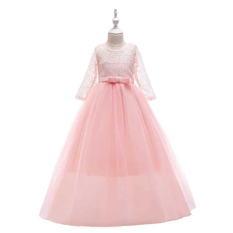 Girl's Dresses Girls Lace Embroidered Bow Princess Dress Long Sleeve Tulle Gown For Toddler First Communion Bridesmaid Wedding Birthday Party Y25