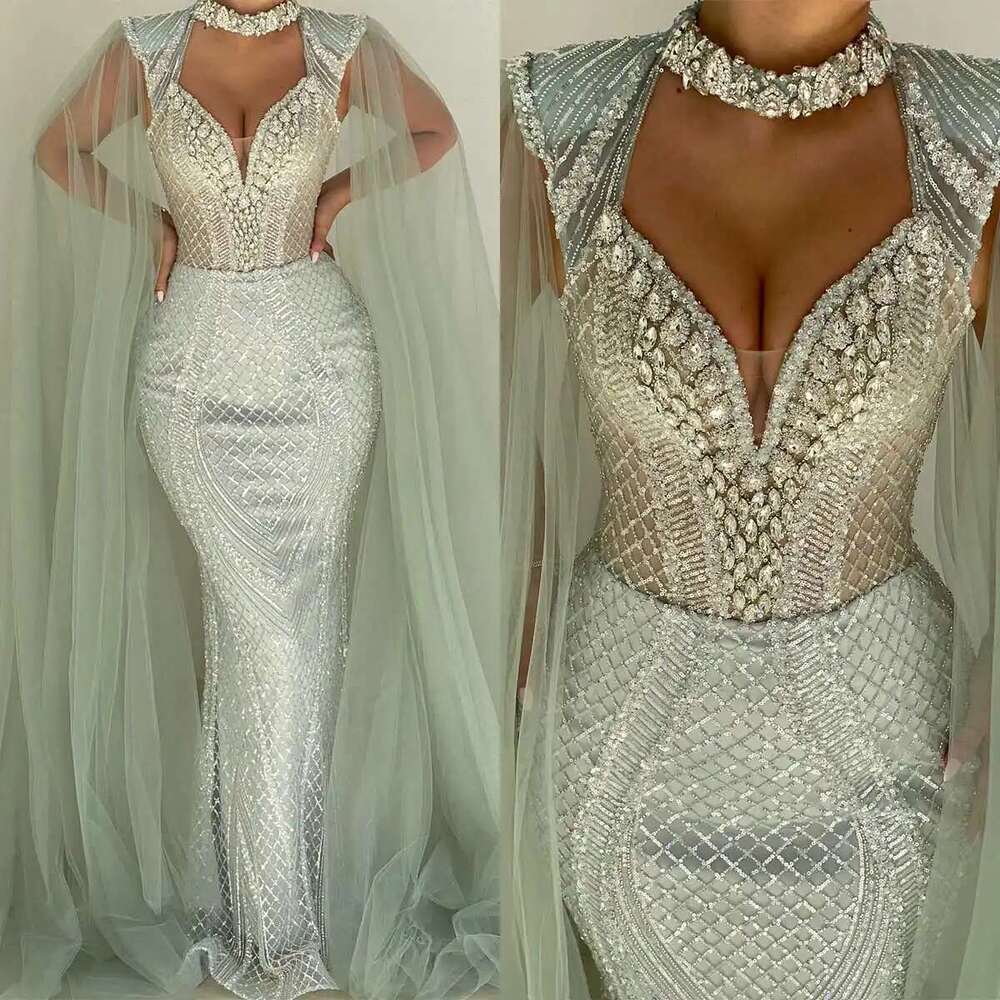 Mermaid Wedding Dresses with Sequins and Crystal Beads, Hollow Tulle Cape, Sweep Bridal Train, Custom Made Design, The