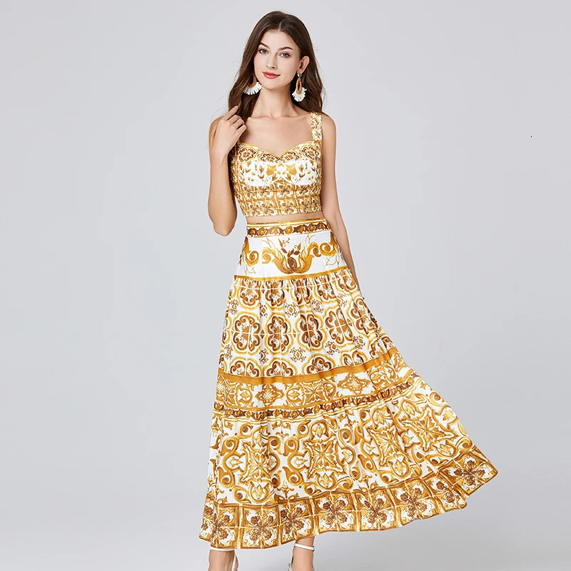 JAMERARY Summer Holiday Floral Two Piece Women Skirt Sets Sexy Corset Crop Tops And Long Maxi Skirts Suits 2pcs Print Outfits 250224