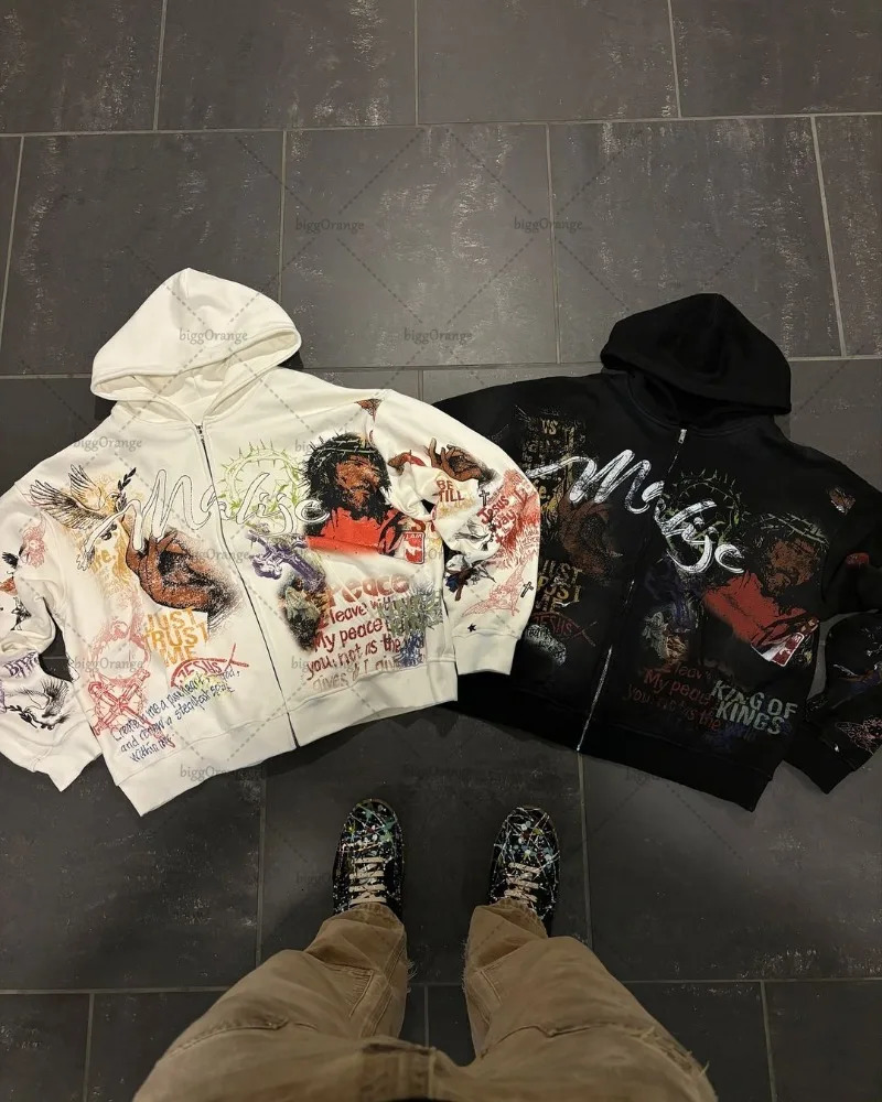 Trend Street Clothing Jacket Hip Hop Punk Pattern Printed Zipper Hoodie Mens Y2K Harajuku Retro Casual Oversized Sweatshirt 250227
