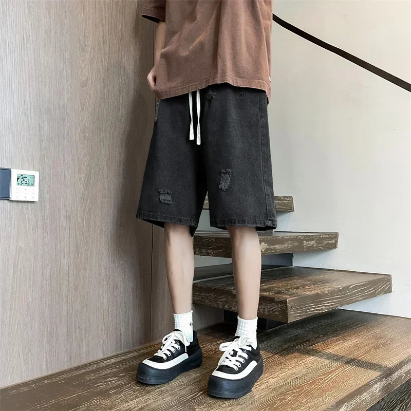 Summer Baggy Ripped Jorts For Men Y2K Streetwear Denim Shorts Retro Casual Pants Wide Leg Straight Blue Bermuda Jean 250226