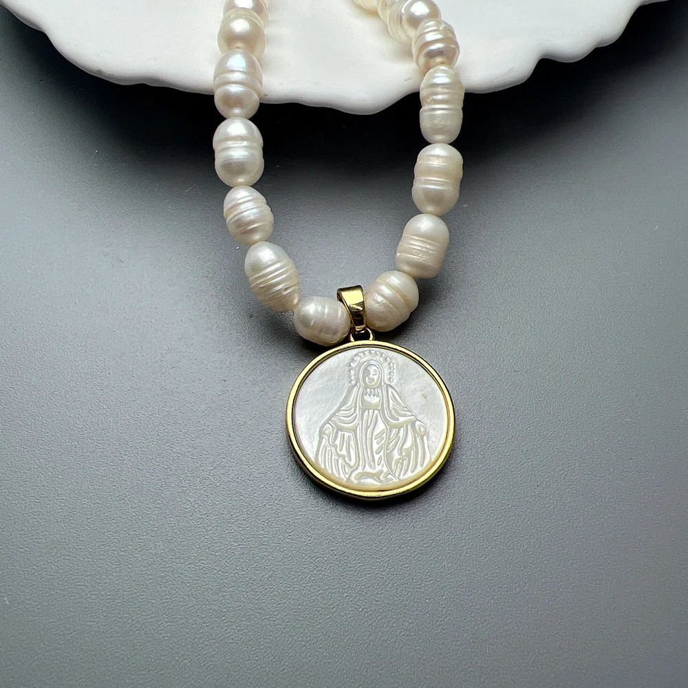 Natural Pearl Choker Female Shell Jesus Sacred Heart Virgin Mary Guadalupe Pendant Necklace For Women Religious Jewelry 250222