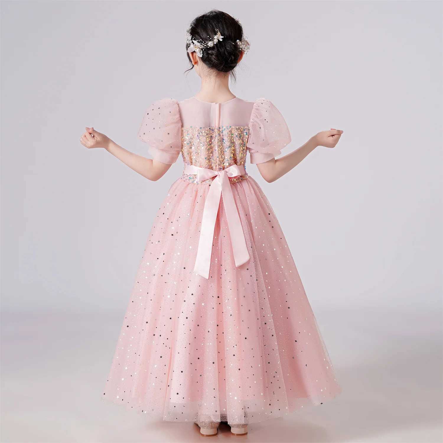 Girl's Dresses Elegant Party Dress Girl Puff Sleeve Princess Dress Wedding Childrens Sparkling Lace Birthday Party Formal Evening Dress Y250227OO
