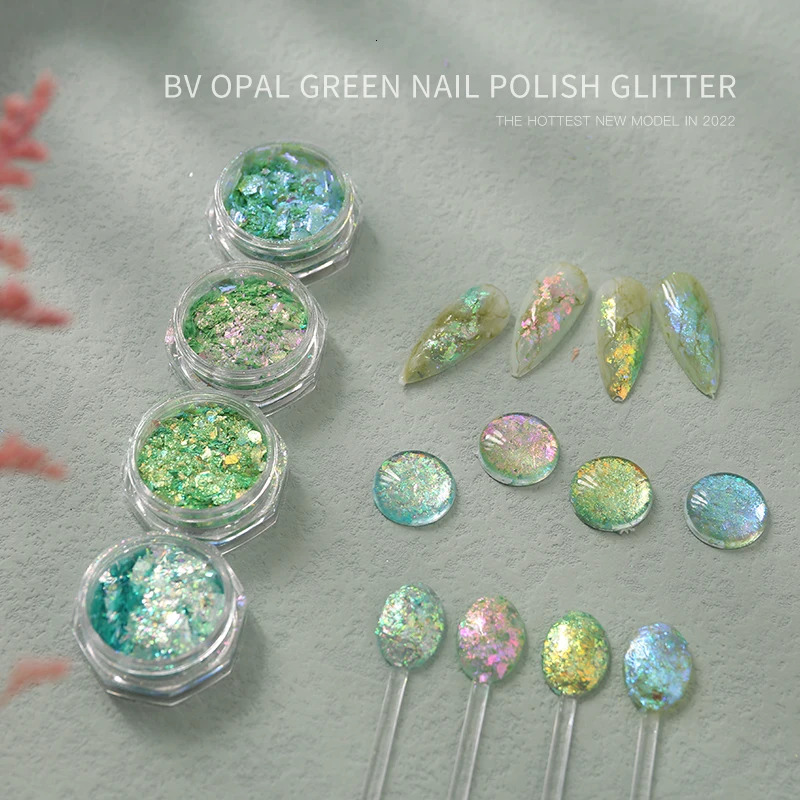 HNDO Green Color 4 Pcs Set Opal Powder Glitter Nail Art Decoration Flakes Iridescent Pigment Dust for Manicure n 250227