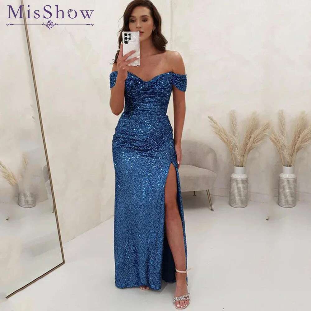 Misshow 2025 Off Shoulder Sequin Mermaid Evening Dresses Women's Slit Long Or Length Gowns Customized