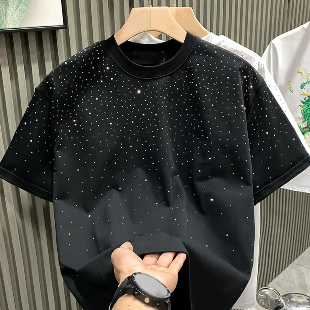 Summer Men T-shirt Rhinestone Decor Round Neck Loose Pure Color Short Sleeves Pullover Casual Mid Length Daily Wear Sport Top 250226