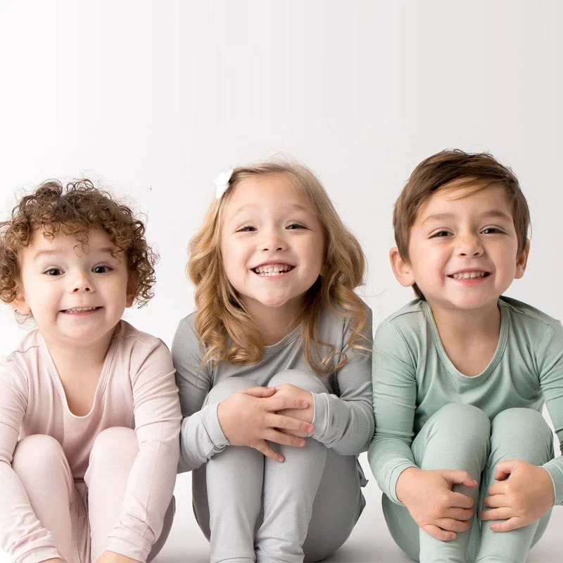 Bamboo Fiber Toddler Kids Pajamas Clothes Solid Hight Elasticity Breathable Sleepwear Set For 9M-7T Boy Girl Lounge wear 250227